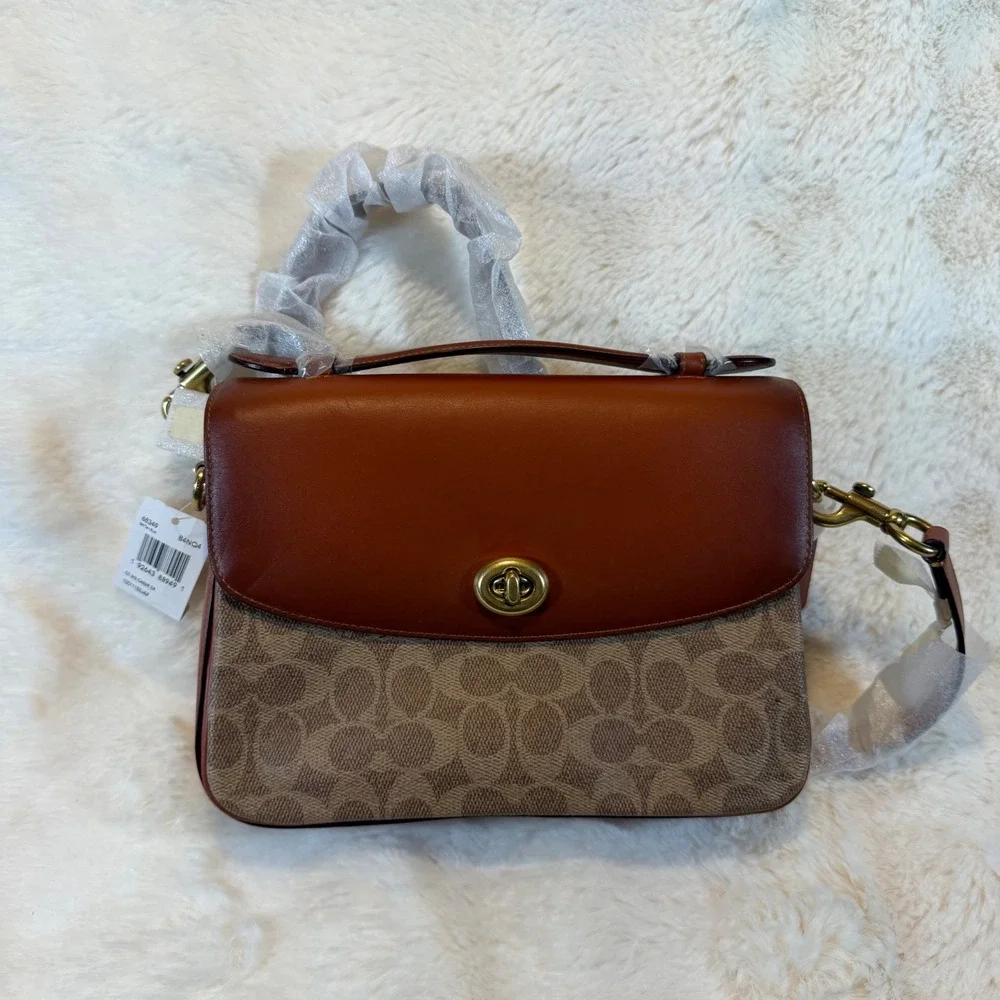 Coach Signature‎ Canvas Leather Tabby Top Handle Bag Saddle Brown Brass NWT